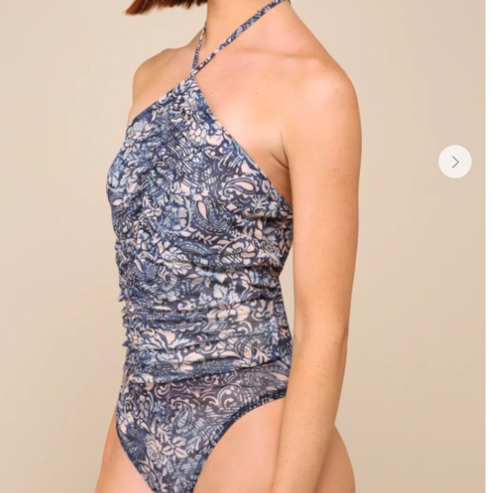 Coolest Status Blue Mesh Floral Abstract Ruched Halter Bodysuit Lulus